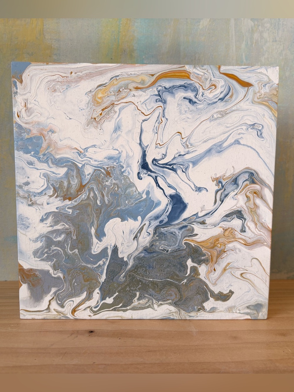 Original Fluid Abstract Art on Wooden Canvas in Blue, White & Gold